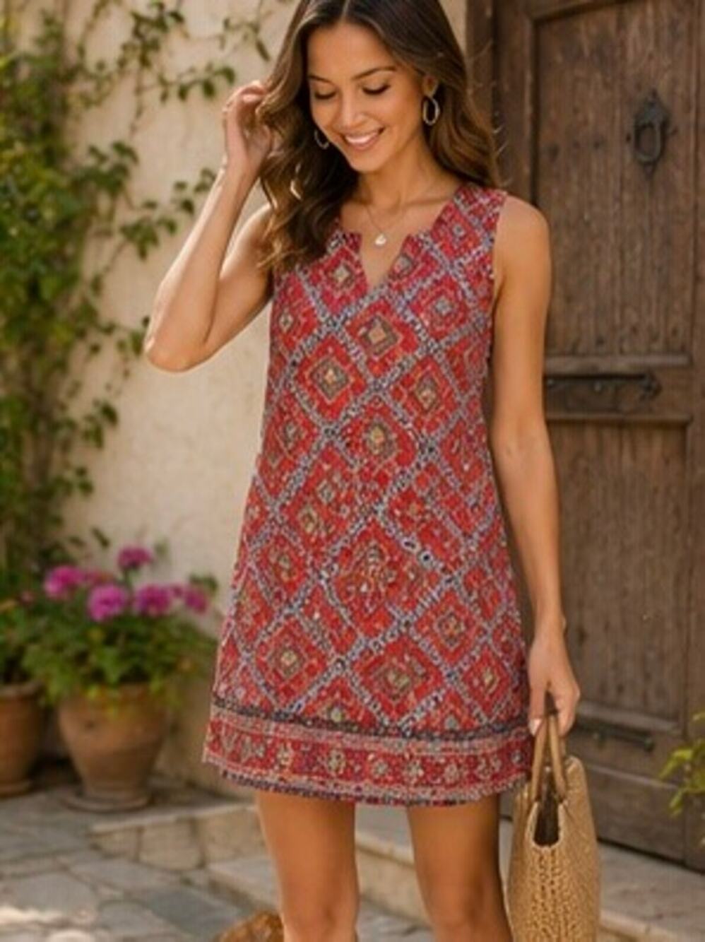 Dina Be x Francesca’s Boho Shift Dress Small Red Geometric Sleeveless Lined